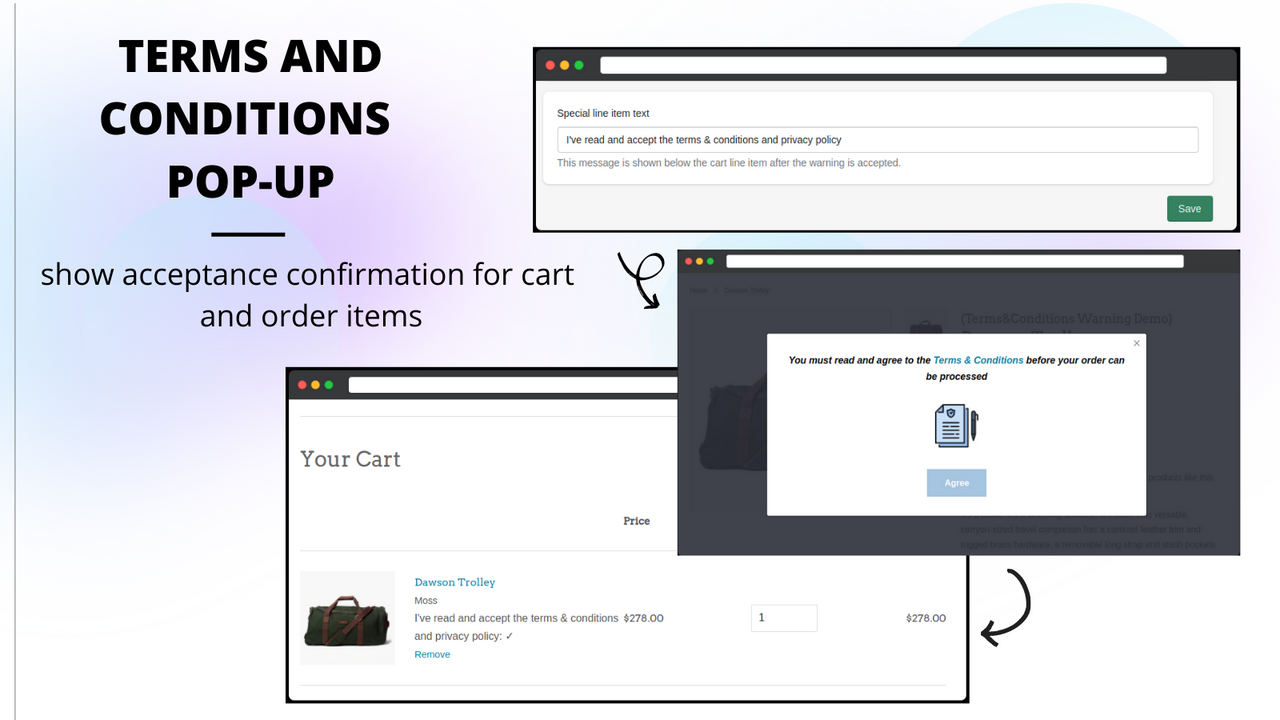 Terms and condition pop-up show acceptance confirmation for cart