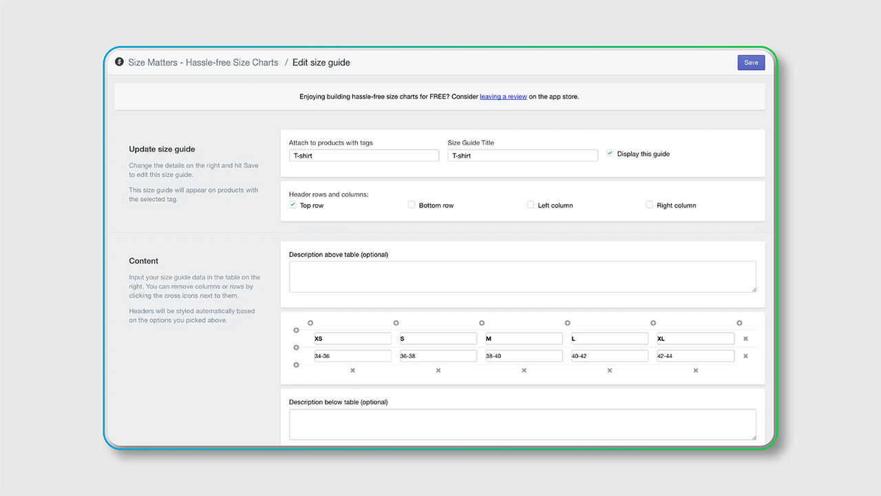 Fully customizable size charts. Attach charts to your products u