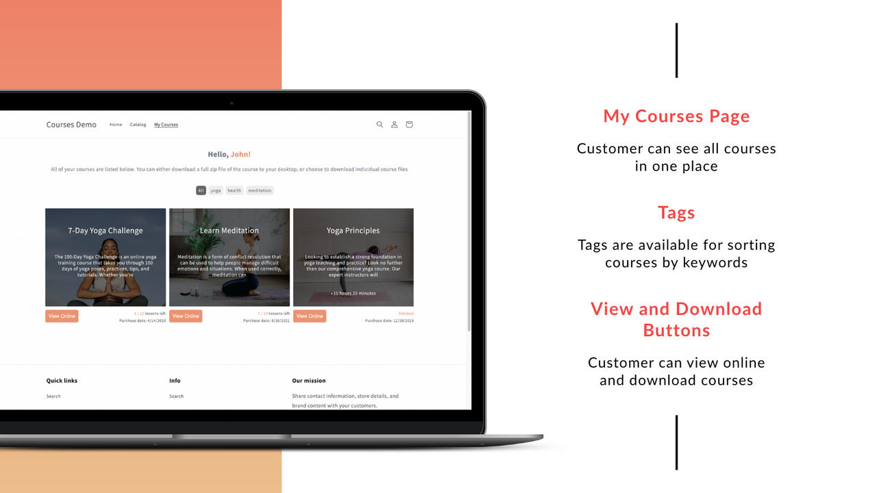 Courses – customers can view courses online or download files