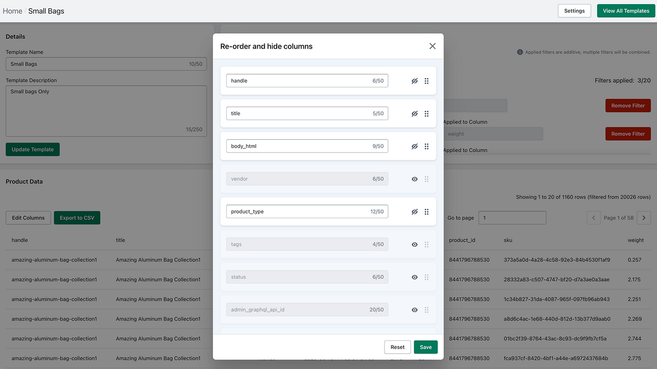 Column order, visibility and renaming