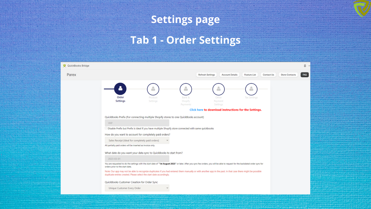 Settings 1 - Order Settings