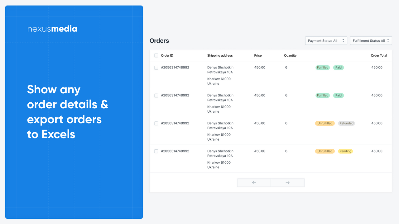 Show any order details & export orders to Excels, CSV, XLS