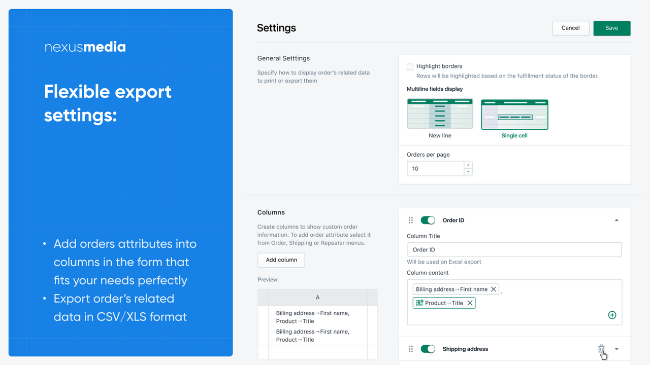 Create unlimited columns with any order information to export