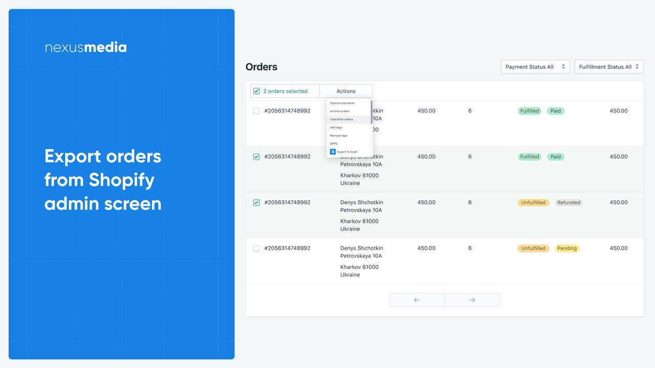 Export orders to CSV, XLS directly from Shopify admin screen