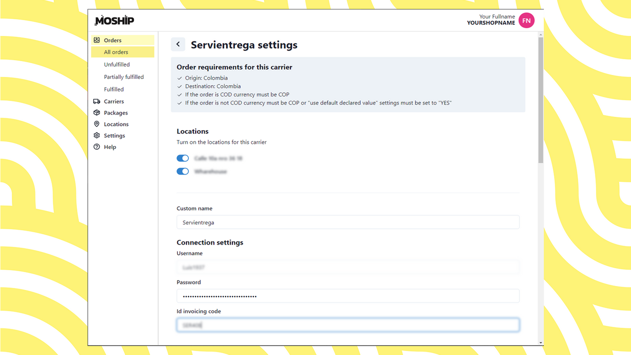 Moshipping configuracion servientrega