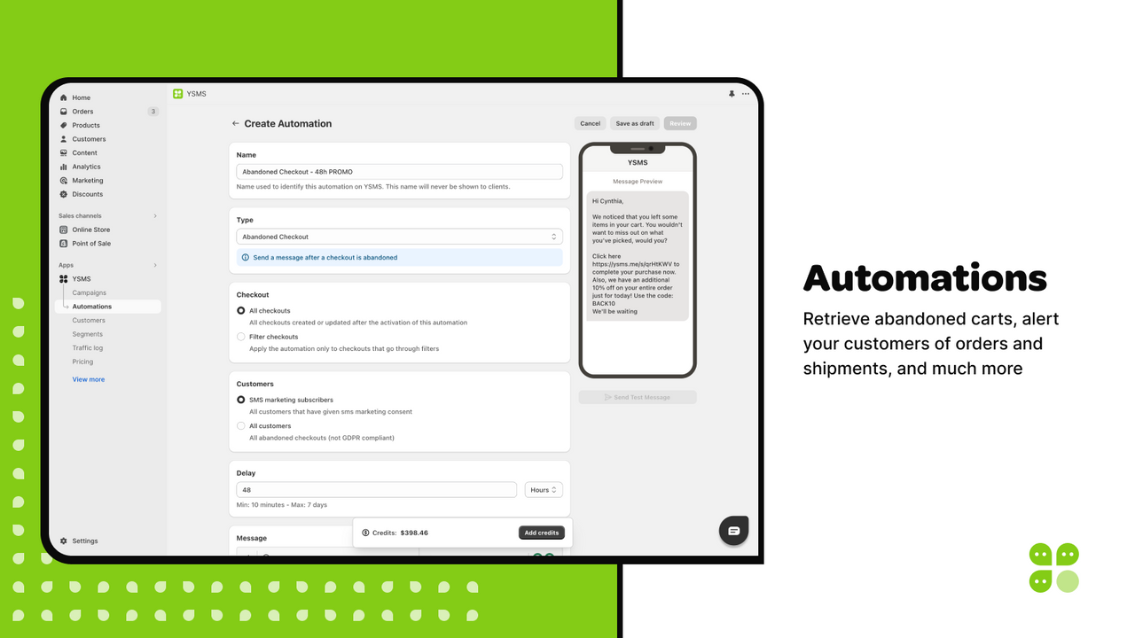 ysms automations abandoned cart and new order