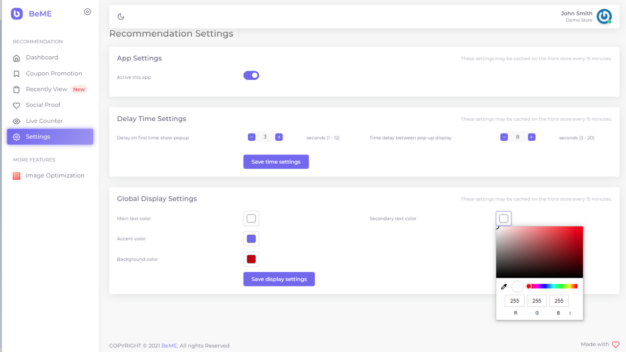 Sales Pop Total - Settings Color, Content