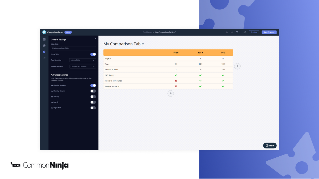 Comparison Tables Editor