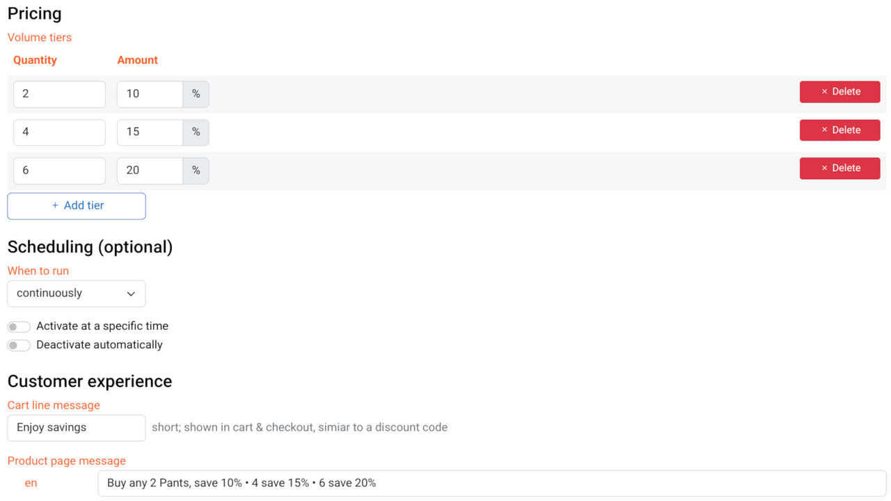 Setup volume discount: pricing & scheduling