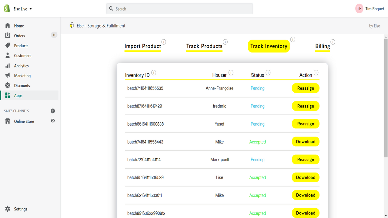 "track inventory" tab