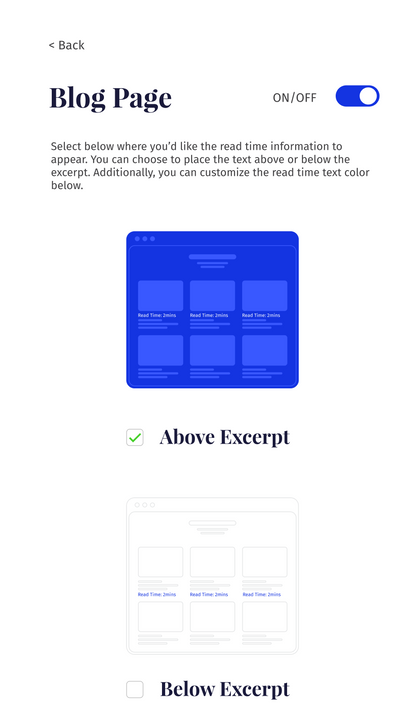 Reading time excerpt location on blog page settings