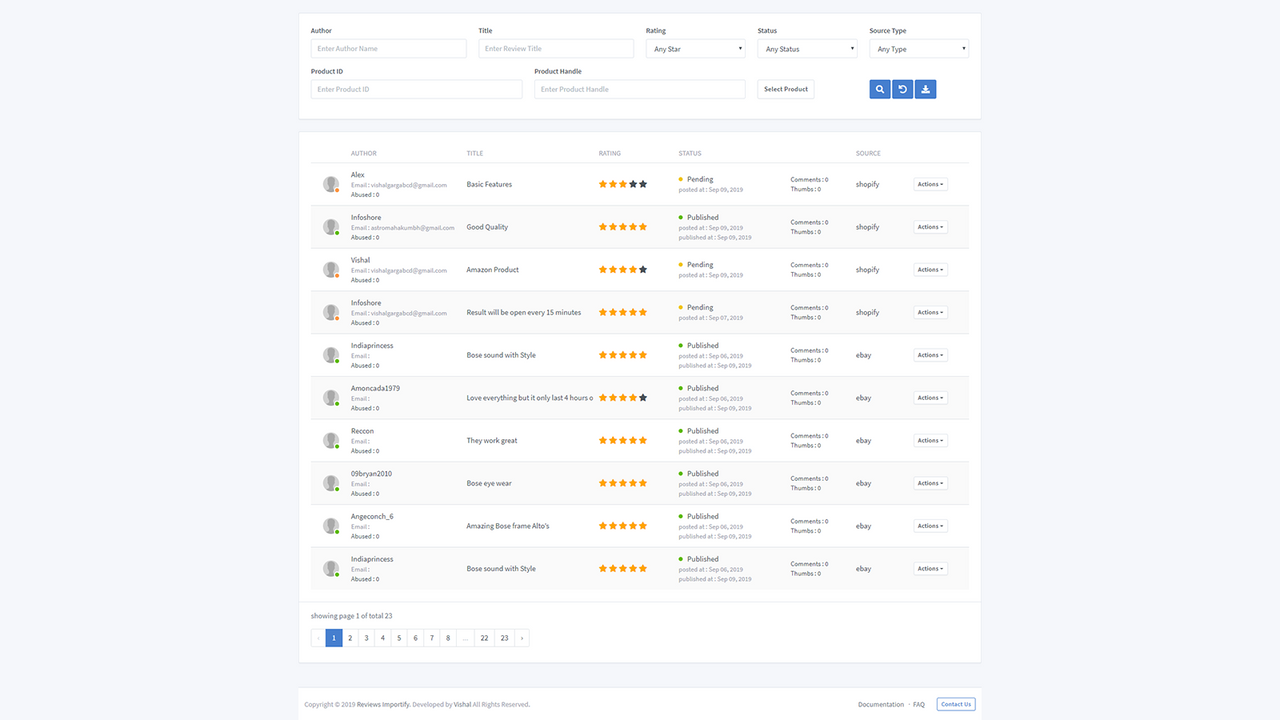 Manage Reviews Section