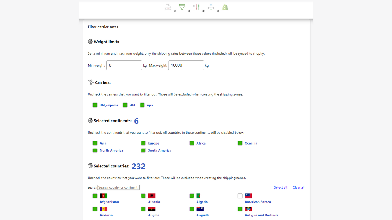 Filter shipping rates by countries, continents or carriers