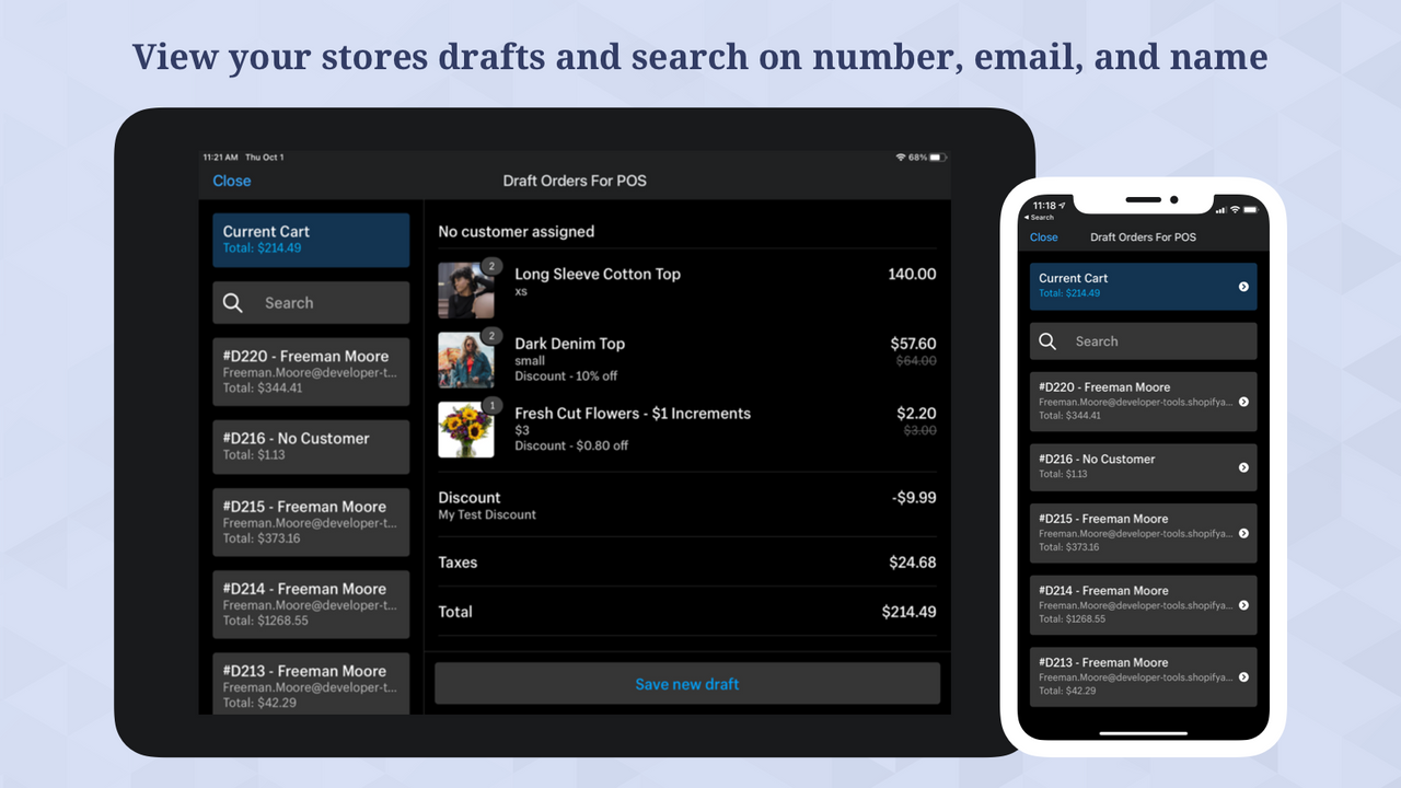 View your stores drafts and search on number, email, and name