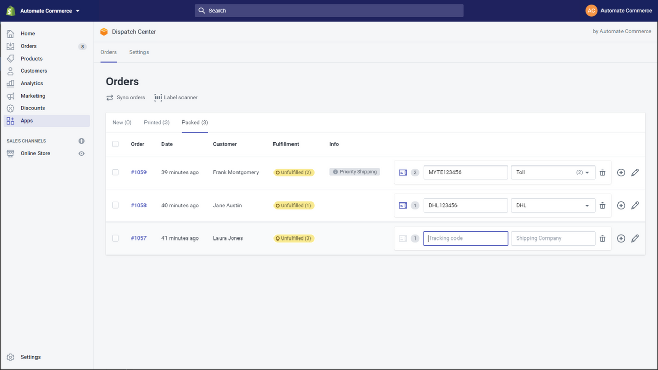 Dispatch Center order fulfillment tab screenshot