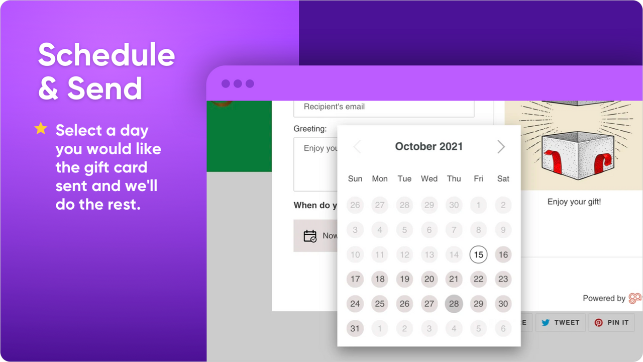 Gift card modal showing calendar