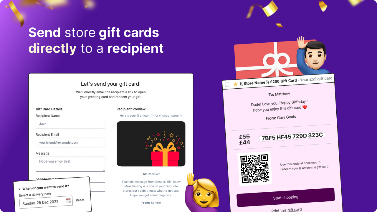 Gift card modal showing sending settings