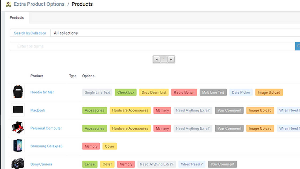 List of options per product in backend