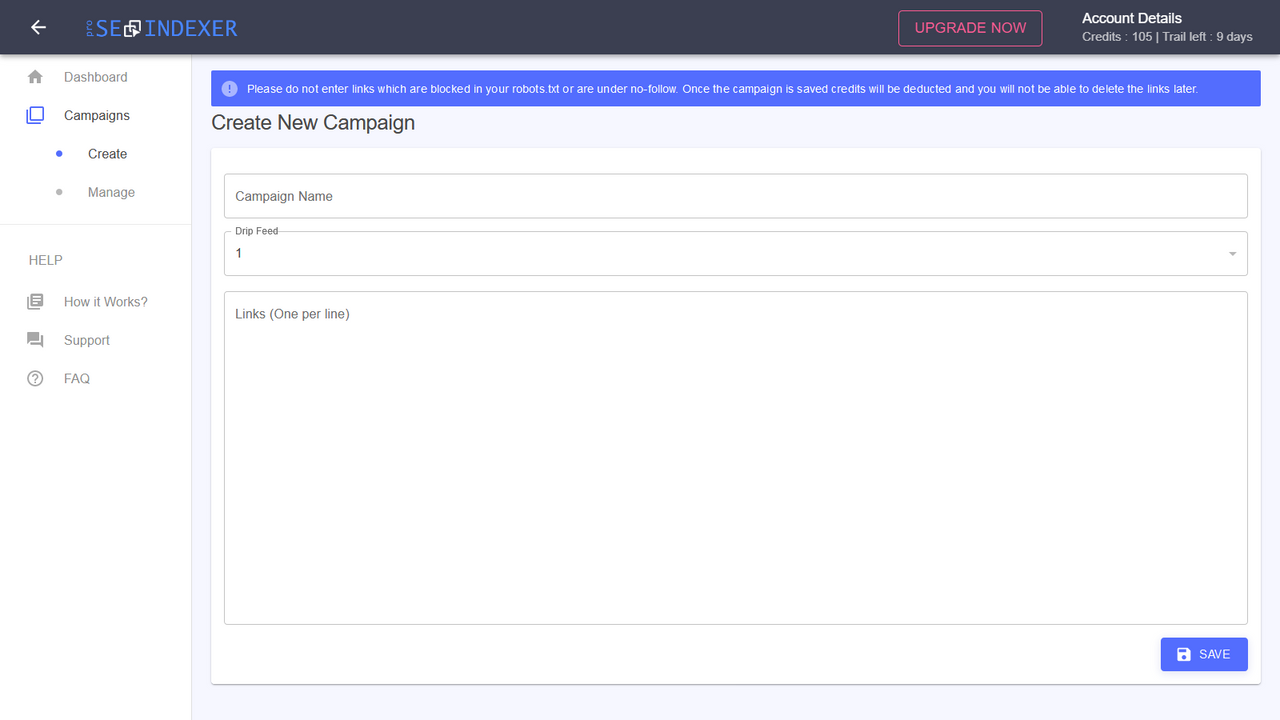 ProSEOIndexer - Create Campaign