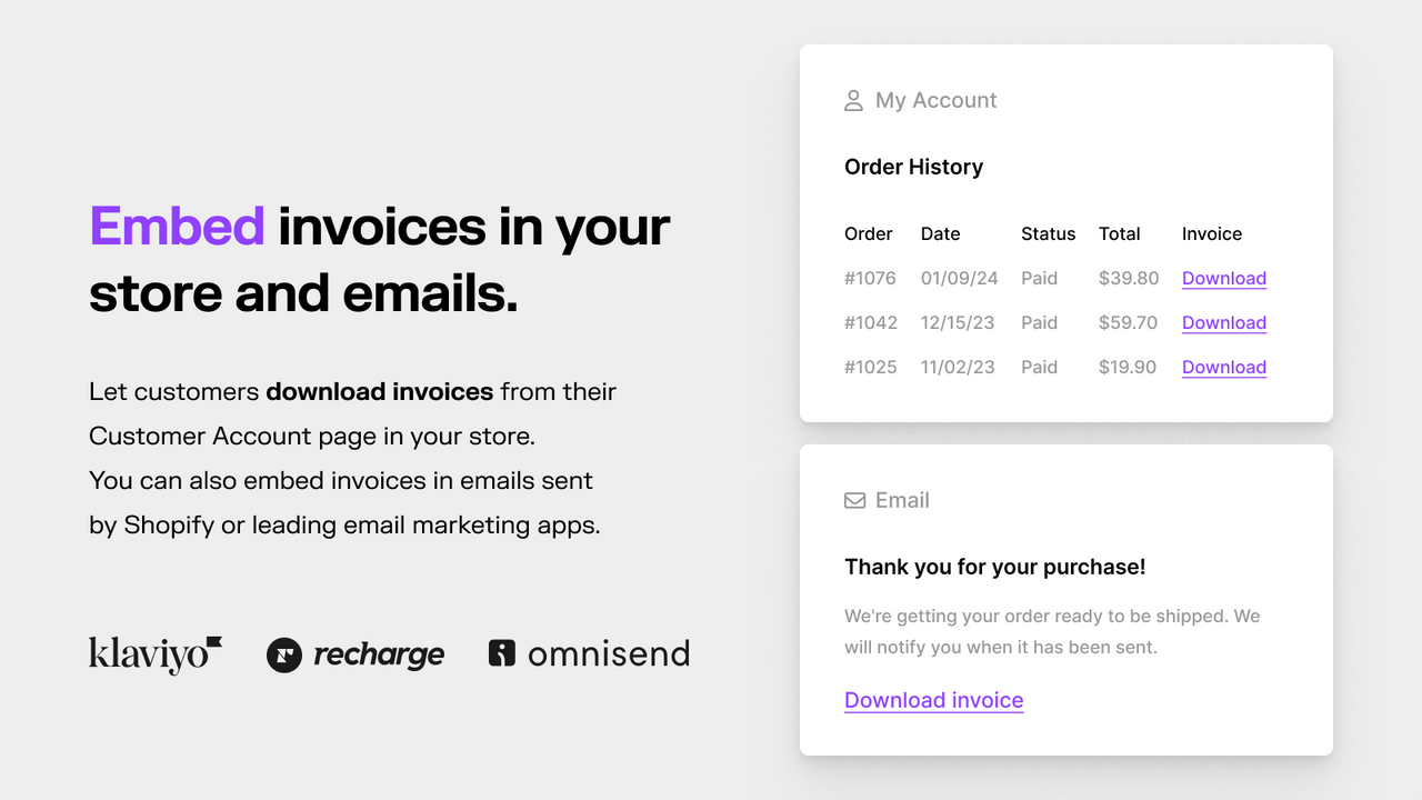 Embed invoices in your store and emails.