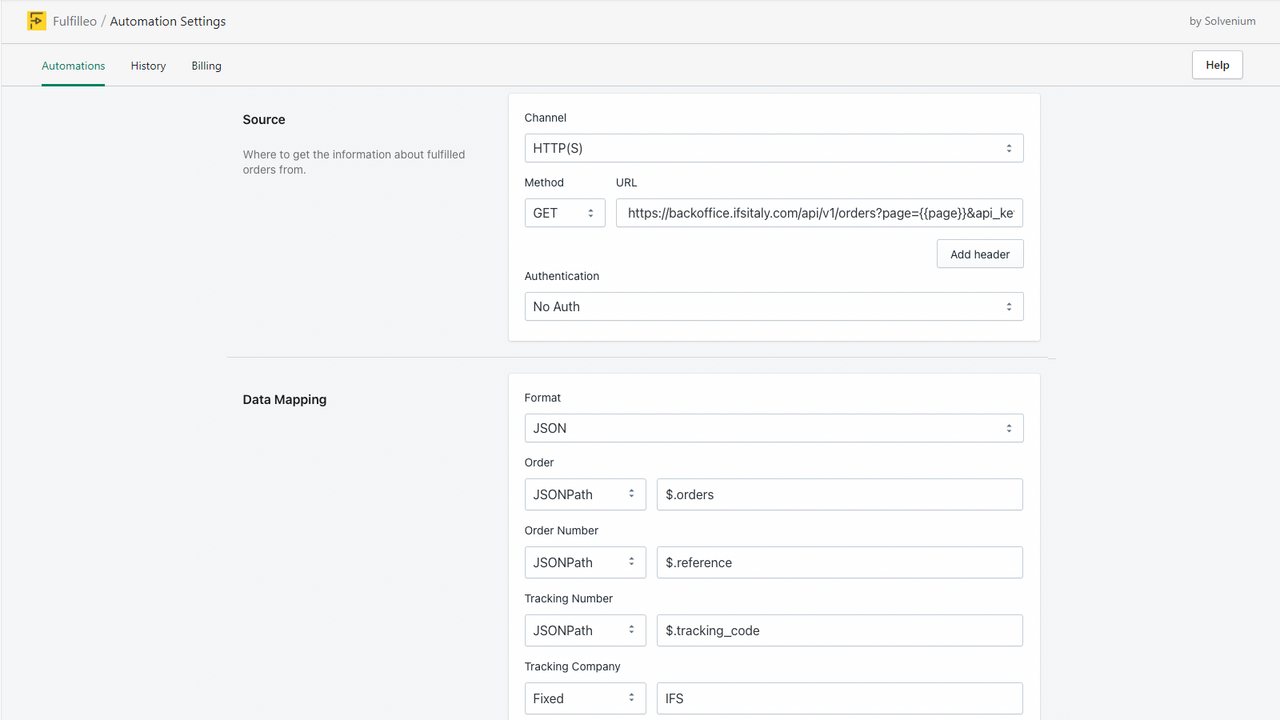 Fulfillment Automation Settings - HTTP and JSON (REST API)