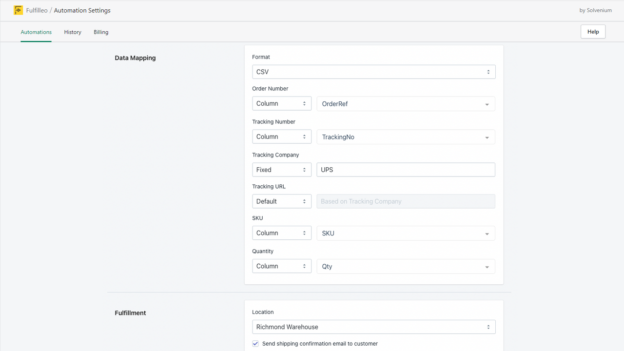 Fulfillment Automation Settings - CSV Data Mapping