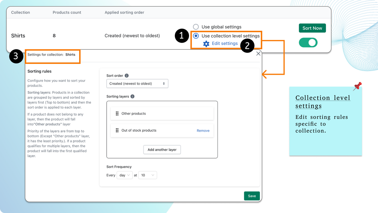 Showing how to edit sort setting for a specific collection