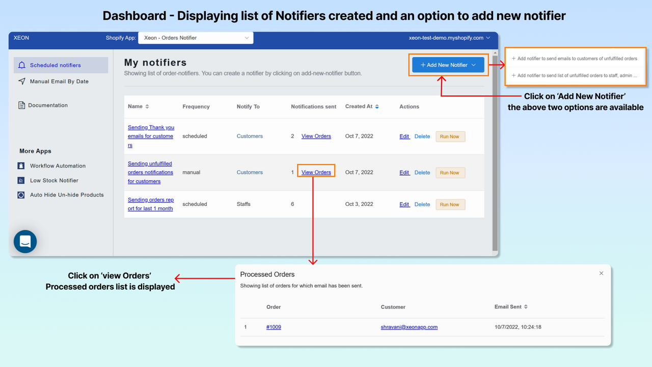 Dashboard - List of notifiers