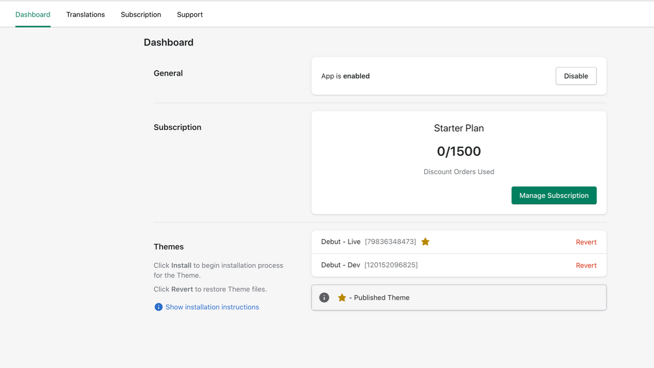 Simple dashboard for installation, subscription and enable