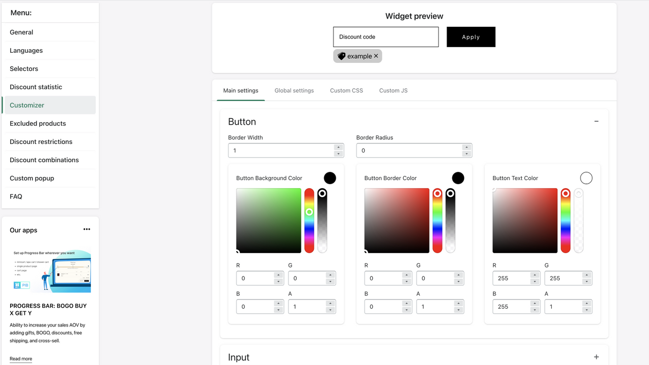 Discount widget Admin panel