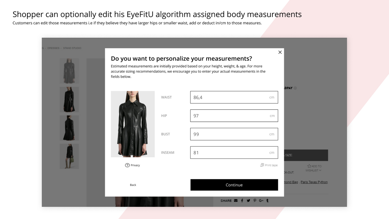 Shopper can optionally edit his EyeFitU body measurements