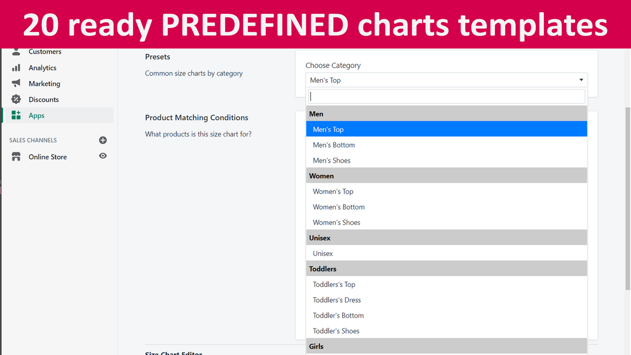 20 predefined size chart templates