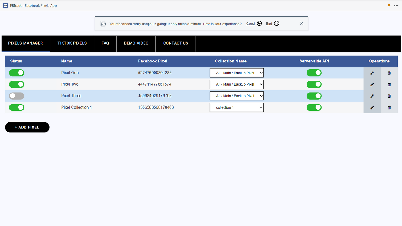 Facebook pixel shopify app dashboard pixels table