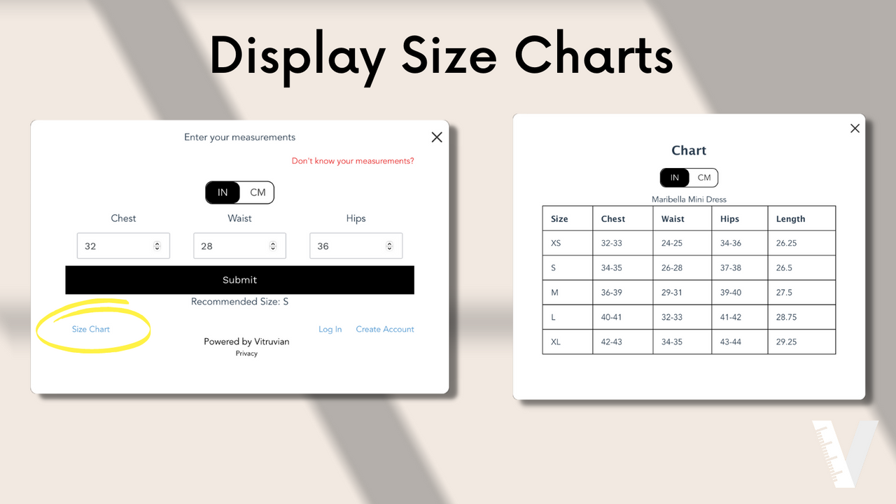 Display size charts in the "Find Your Size" widget