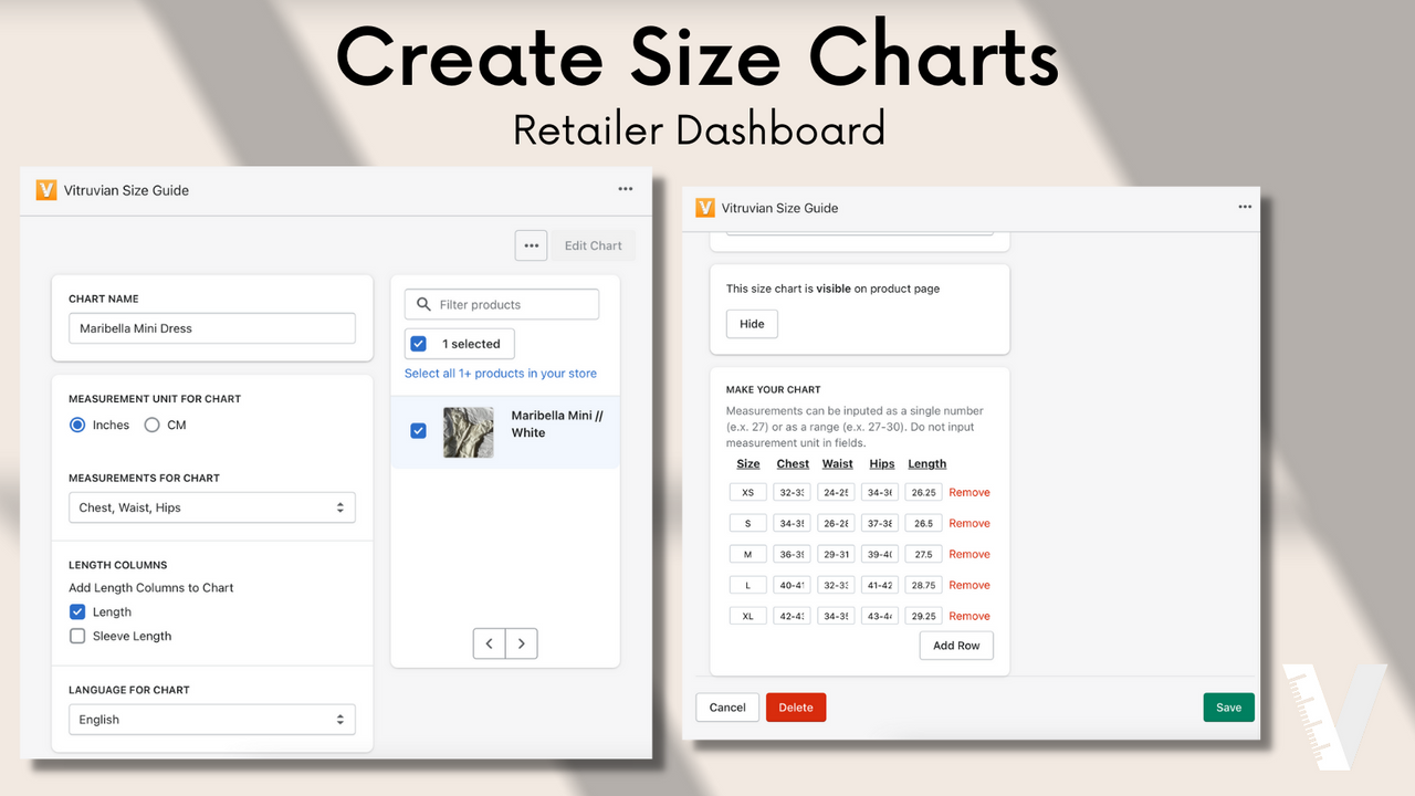 Create size charts in the retailer dashboard