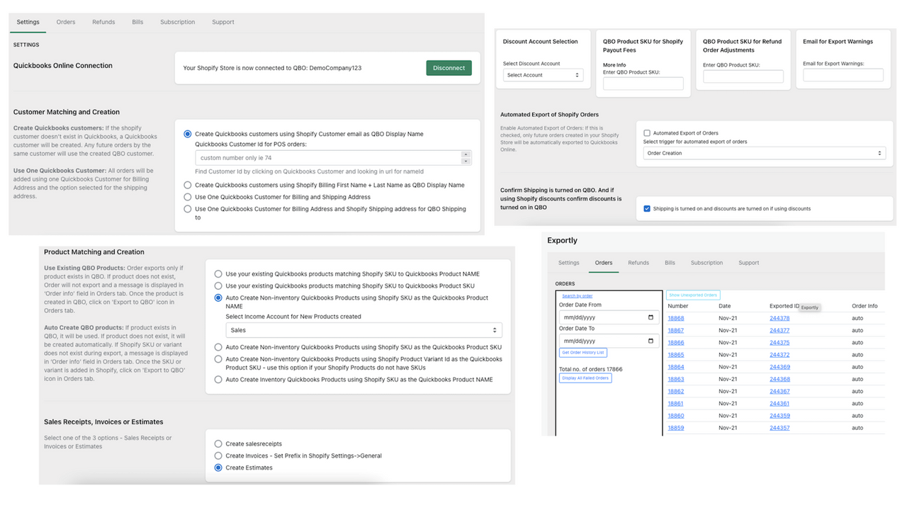 Exportly Settings and Orders page