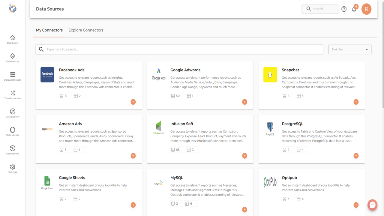 Connectors listing page of Datachannel.