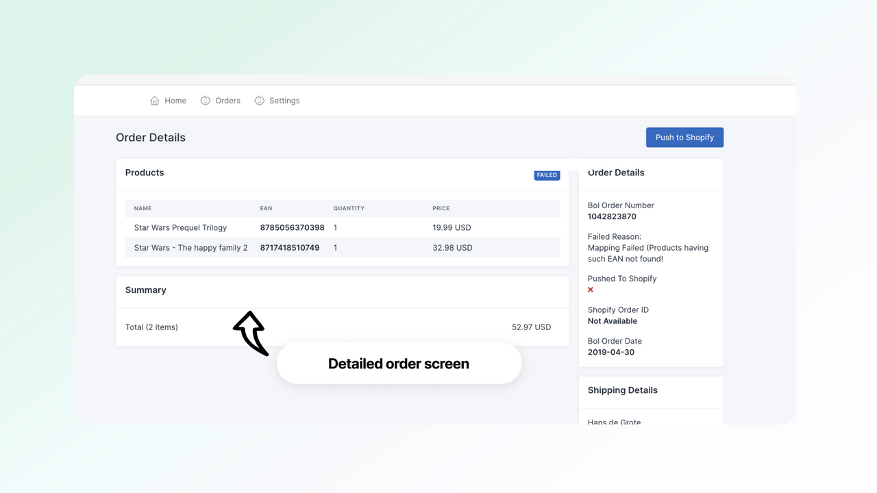 Manually push orders to shopify