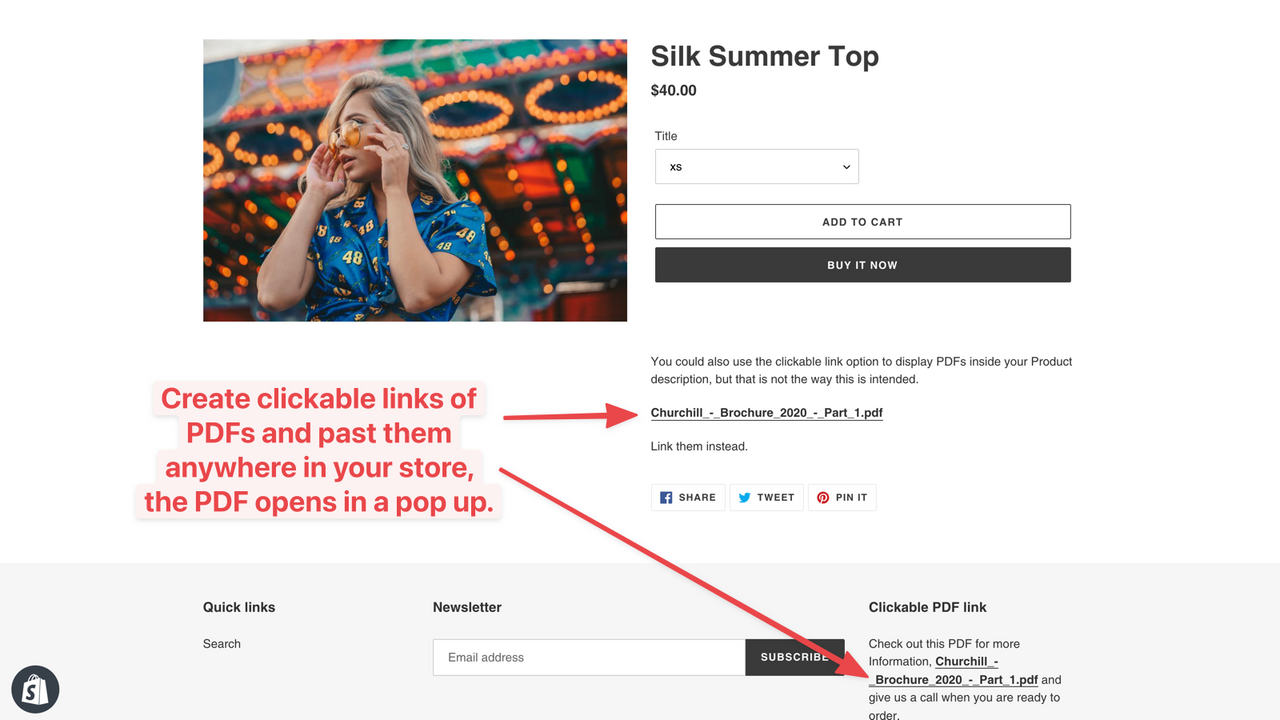 clickable pdf link in storefront
