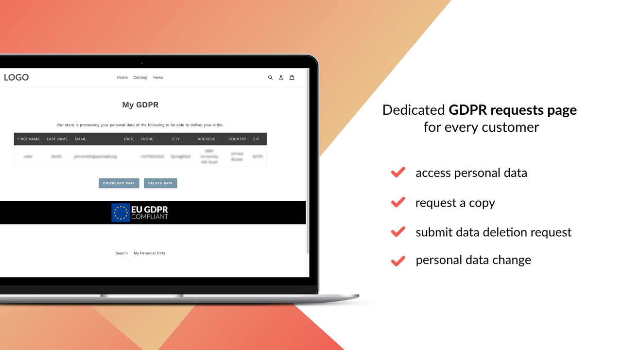 Shopify GDPR compliant banner – My GDPR Data page