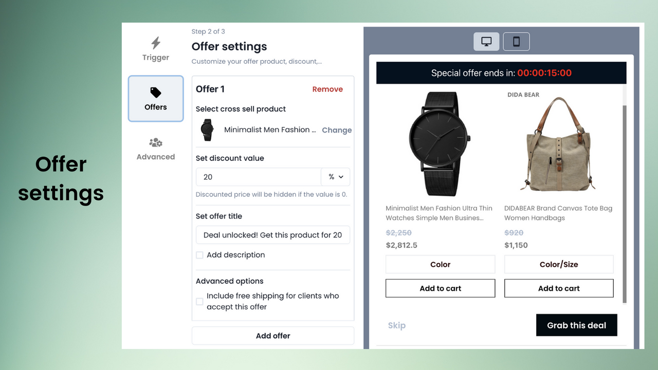 Offer settings on DoubleC upsell and cross sell