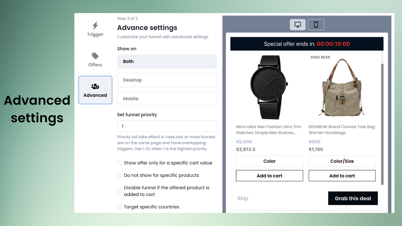 Advanced settings on DoubleC upsell and cross sell