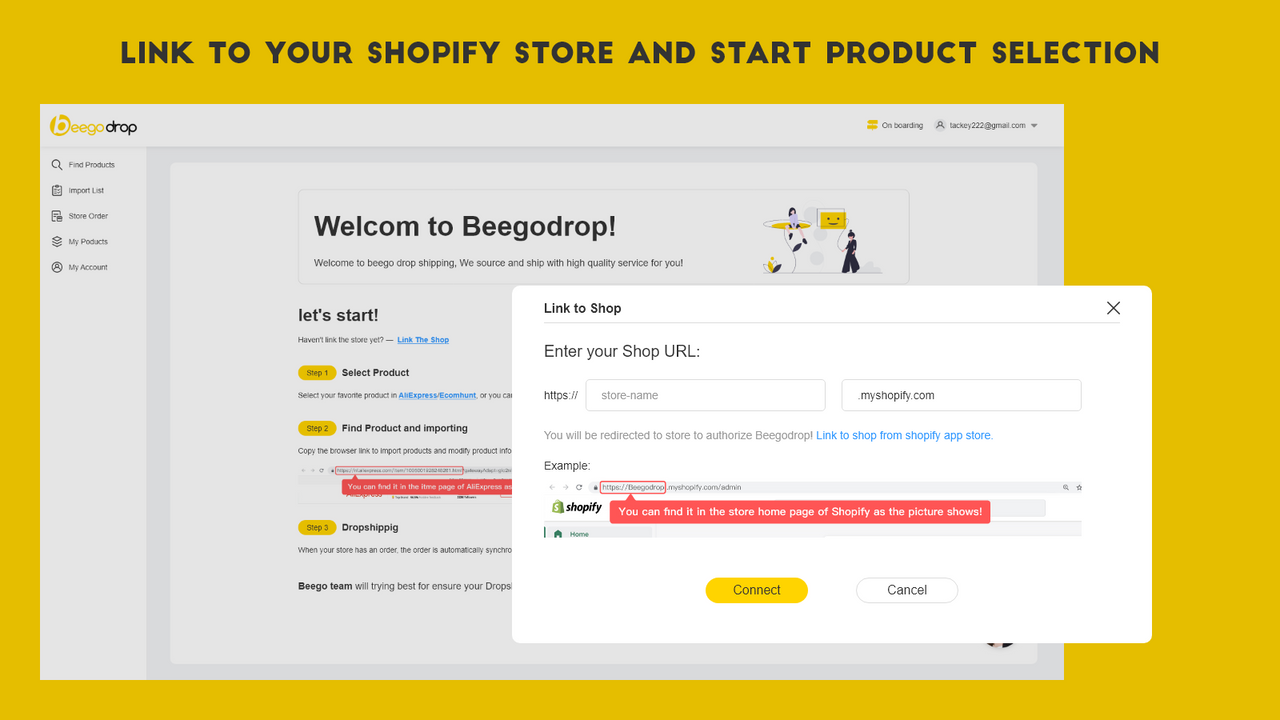 Link to your shpify store and start product selection