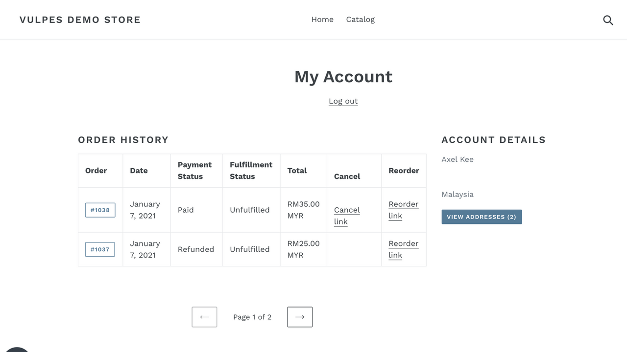 Add Cancel order and Reorder link in customer account page