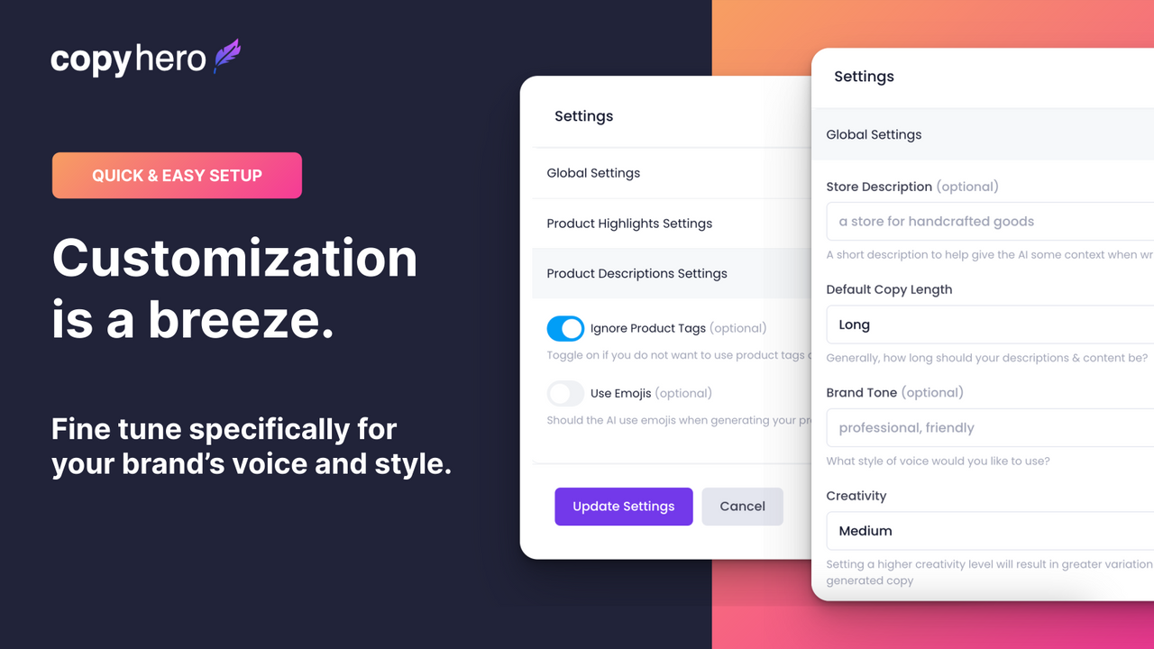 CopyHero Product Description AI - Easy to Customize & fine tune