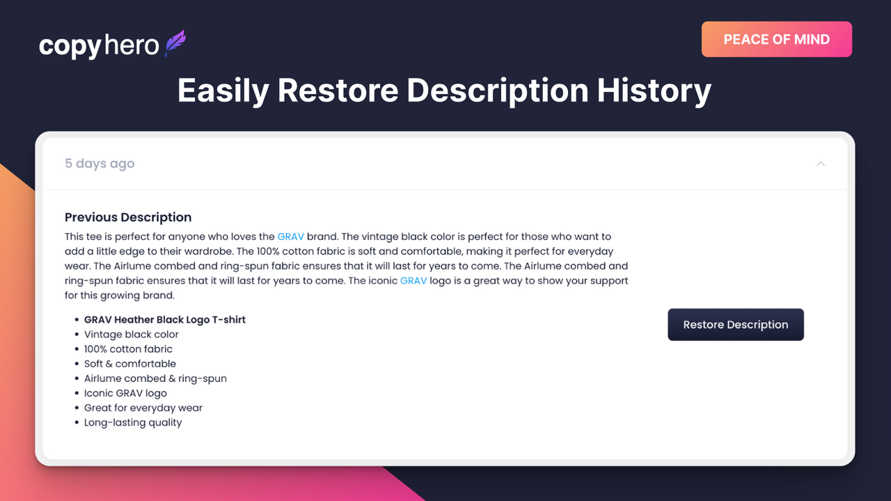 CopyHero Shopify AI Writing - Free Rollback History & Restore