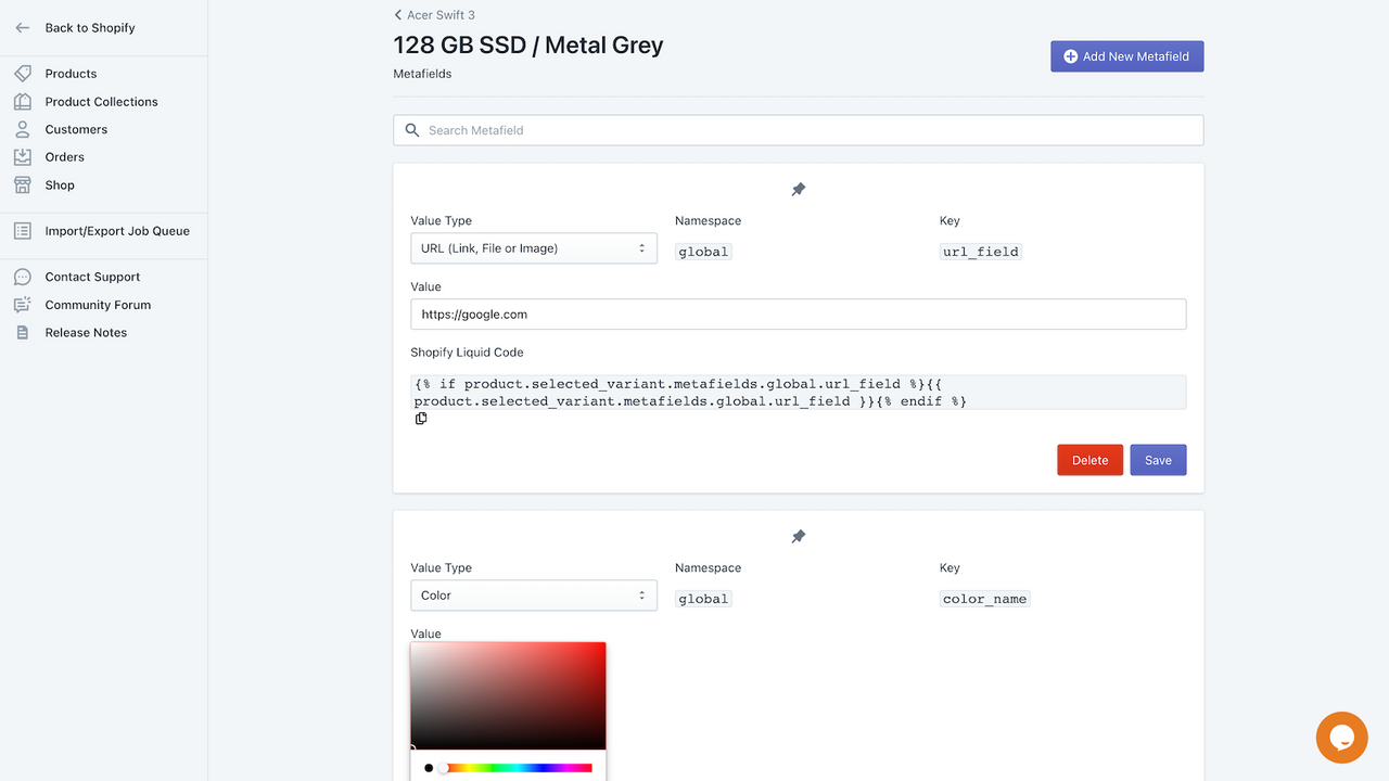 Metafields Page