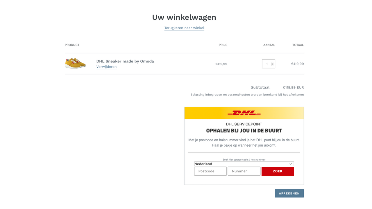 The nearest DHL ServicePoint is shown in the shopping cart