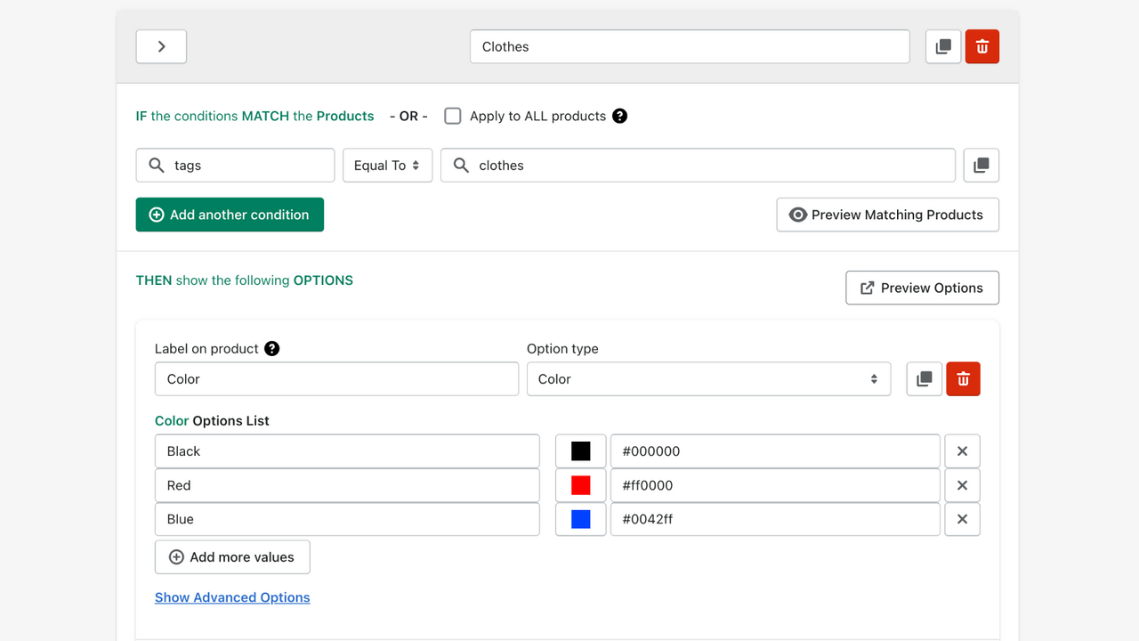 Options dashboard