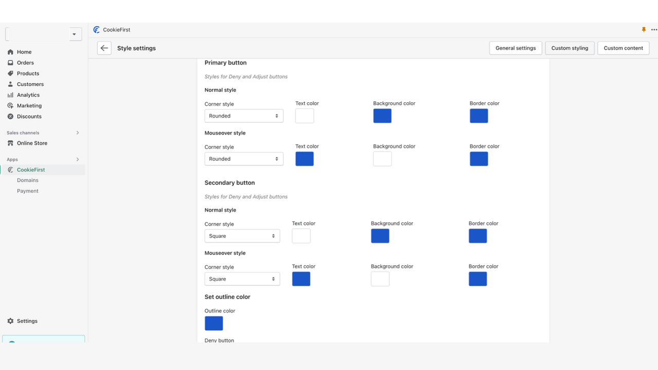 Button styling settings